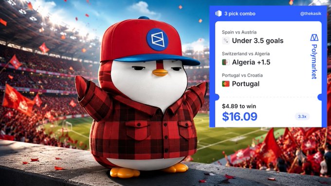 A cartoon penguin wearing a red cap and plaid shirt cheers in a stadium with confetti, alongside a Polymarket betting slip showing a 3-pick combo featuring Switzerland vs Algeria (Algeria +1.5), Portugal vs Croatia, and Spain vs Austria (Under 3.5 goals), with a $4.89 bet paying $16.09 at 3.3x odds, aligning with the post's prediction on the Switzerland-Algeria match.
