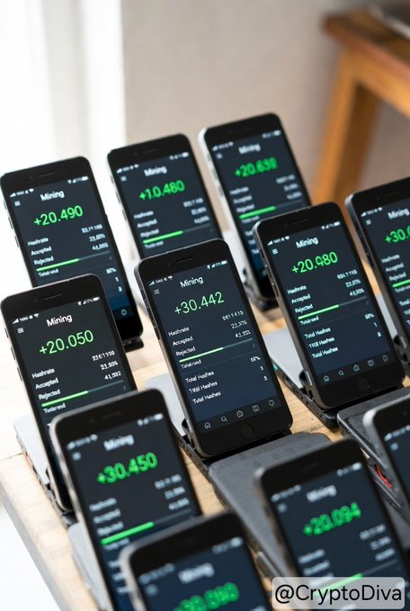 Multiple smartphones display Pi Network mining screens showing hash rates around +20,000 to +30,000, visually reinforcing the post's claim that Pi operates as a mobile-mined ecosystem with real users actively engaged, rather than just another tradable exchange token. The watermark "@CryptoDiva" credits the content creator.
