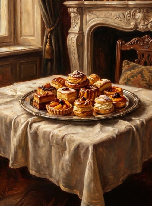 A classical-style oil painting depicting an ornate silver tray filled with assorted pastries and tarts resting on a draped white tablecloth, set in an elegant room with a fireplace in the background.