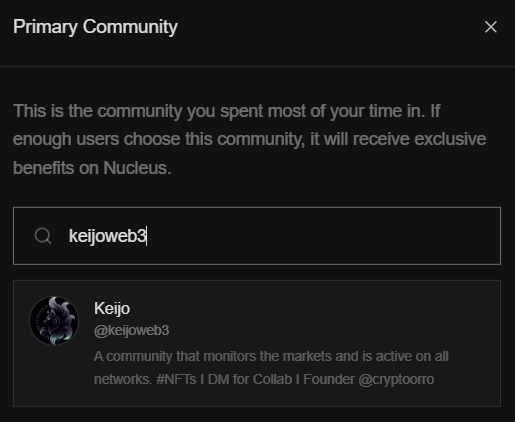 A screenshot of a social media interface showing a 'Primary Community' selection for 'Keijo' (@keijoweb3), described as 'A community that monitors the markets and is active on all networks. #NFTs | DM for Collab | Founder @cryptoirro'.