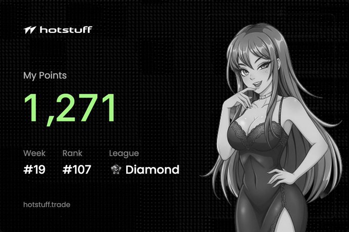 A promotional dashboard for Hotstuff trade displays "My Points" of 1,271, a "Week #19" progress, "Rank #107" standing, and a "Diamond" league achievement, accompanied by a stylized black-and-white anime illustration of a woman in lingerie, supporting the post's claim about using Hotstuff for RWA trading due to its low/negative maker fees.