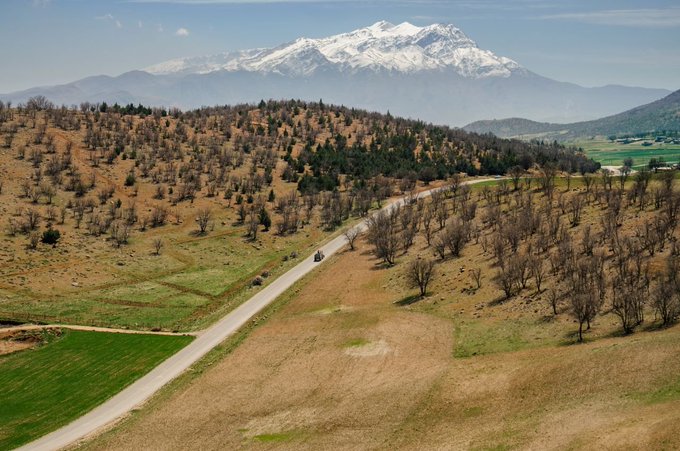 An aerial view of a rural road winding through orchards toward a massive snow-capped mountain in the distance.