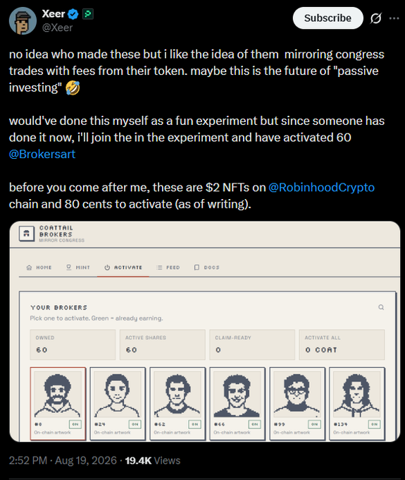 A tweet by Xeer (@Xeer) discussing 'Cocktail Brokers' NFTs that mirror congress trades, noting prices of $2 on RobinhoodCrypto chain, with an attached image of the activation dashboard showing various broker NFTs.