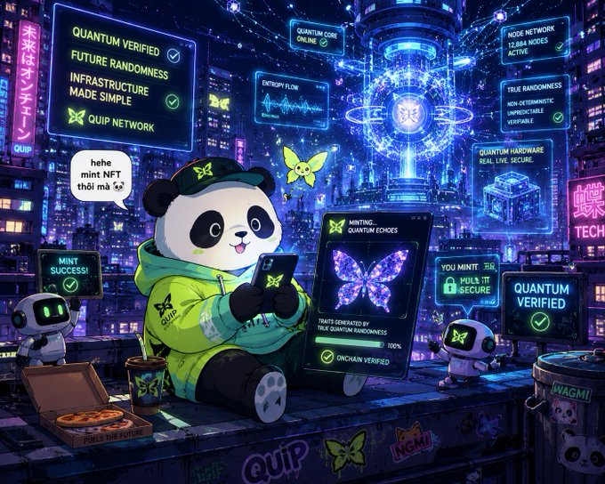 The image features a cartoon panda wearing a green jacket sitting on top of a building, holding a tablet or phone with a butterfly design on its screen. The panda appears to be using an app that allows them to communicate with other animals through text messages. In the background, there are neon signs and buildings, suggesting an urban setting.

The post about NFTs is related to this image because it highlights how the idea of using Quantum Echoes' infrastructure as a public-facing experience can be applied to various fields beyond just cryptocurrency. The panda's use of technology in their daily life demonstrates that even animals can benefit from modern advancements and communication tools, which could potentially lead to new ways for humans to connect with each other or access information.
