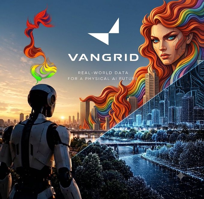 A promotional graphic for "VANGRID" with the tagline "REAL-WORLD DATA FOR A PHYSICAL AI FUTURE," featuring a humanoid robot overlooking a split scene of a natural sunset cityscape and a futuristic neon-lit digital city.