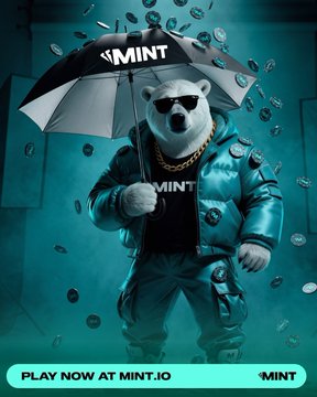 A stylish polar bear wearing sunglasses and a teal "MINT" puffer jacket stands holding an umbrella emblazoned with the MINT logo, surrounded by floating coins. The text "PLAY NOW AT MINT.IO" appears at the bottom, reinforcing the promotional post about MintABear NFTs and the PlayOnMint platform offering casino, sportsbook, and royalty opportunities.