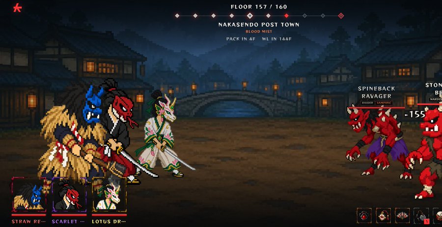 A pixel-art video game screenshot showing combat on Floor 157/160 in 'NAKASENDO POST TOWN' against a 'SPINEBACK RAVAGER' enemy, with a party of characters including 'STRAW RE...', 'SCARLET...', and 'LOTUS DR...'.