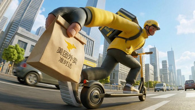 A 3D animated illustration of a delivery rider on a scooter holding a Meituan (美团外卖) delivery bag in a city setting.