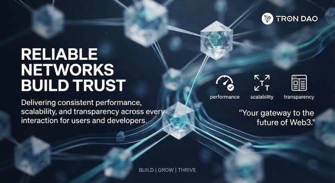 A Tron DAO promotional graphic stating 'RELIABLE NETWORKS BUILD TRUST' with icons highlighting performance, scalability, and transparency as 'Your gateway to the future of Web3.'