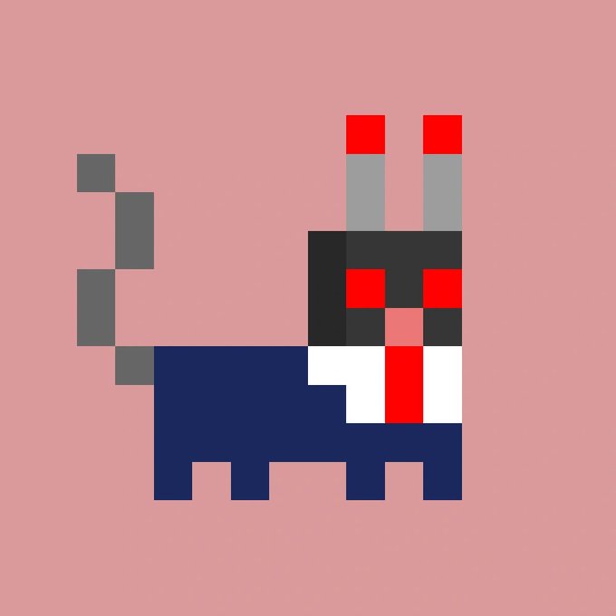 A pixel art illustration of a gray cat character with red eyes, red-tipped ears, a red tie, and a dark blue body, set against a pink background.
