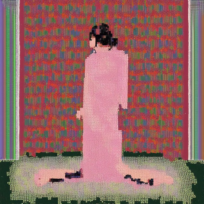 A pixelated digital artwork depicting a figure in a long pink dress standing against a textured red and green plaid background.