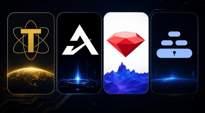 Four stylized app icons are displayed against a dark, tech-themed background, including a gold 'T' with an atom symbol, a white triangular 'A' logo, a red gemstone (Ruby logo), and a blue icon depicting a user profile.