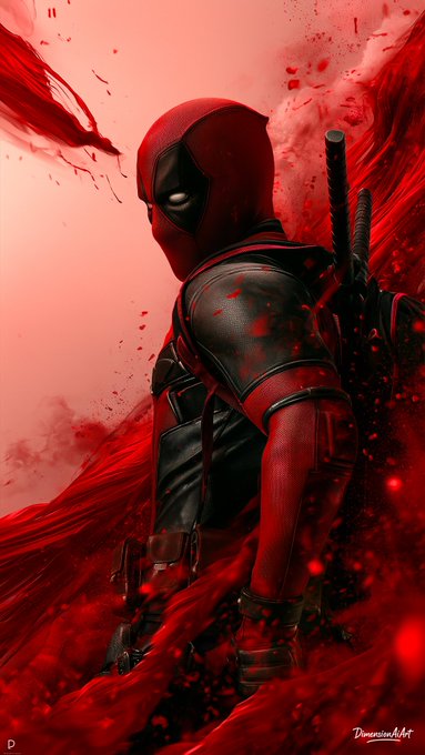 A detailed digital artwork of the comic book character Deadpool in his red and black suit, set against a dramatic red background with flowing energy effects.