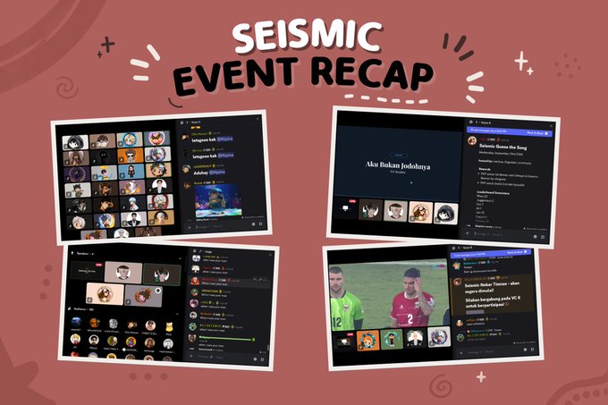 A 'SEISMIC EVENT RECAP' graphic featuring four screenshots of a watch party on the X/Twitter Spaces platform, showing Indonesian text such as 'Indonesia Bakar Josh' and 'Akan Bukan Jodohnya' alongside various user avatars.
