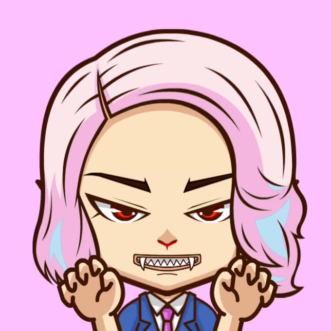 A chibi-style cartoon of a pink-haired character with red eyes, sharp teeth, and a blue suit, posing aggressively with clawed hands against a pink background.
