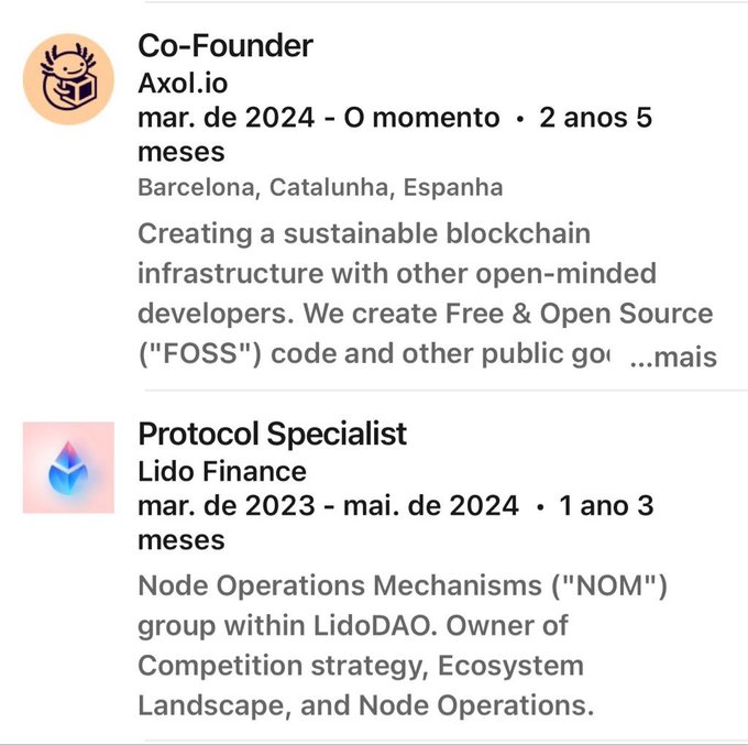 LinkedIn profile snippets showing work experience as Co-Founder at Axol.io and Protocol Specialist at Lido Finance.