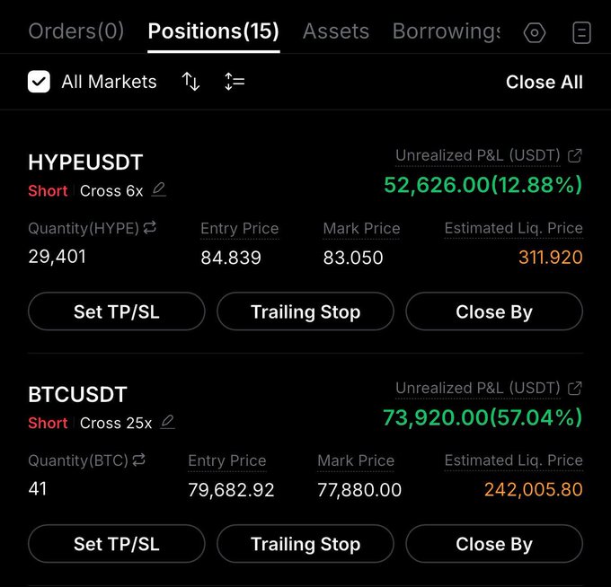 A cryptocurrency trading interface showing open positions, including short positions for HYPEUSDT and BTCUSDT, both displaying positive unrealized P&L in USDT.