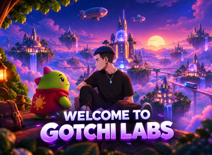 A vibrant, colorful fantasy illustration titled 'WELCOME TO GOTCHI LABS' featuring a young man sitting with a green dinosaur-like character wearing a red hoodie, overlooking a magical floating island cityscape with airships and glowing crystals at sunset.