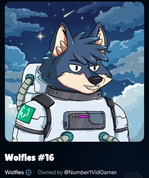 An NFT digital artwork titled 'Wolfies #16' from the Wolfies collection by @NumberVidGamer, depicting a wolf character in a spacesuit.