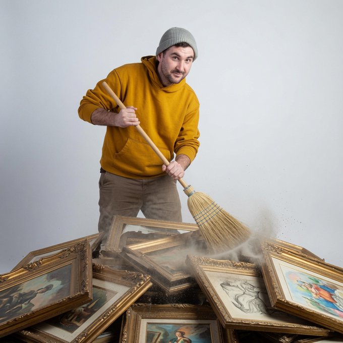 A man wearing a yellow hoodie and beanie is dusting a large pile of ornate, gold-framed classical paintings with a traditional broom.