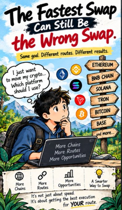The image is a colorful illustrated advertisement featuring a young man with a backpack and laptop pondering which crypto platform to use, with signposts listing chains like Ethereum, BNB Chain, Solana, Tron, Bitcoin, and Base, alongside the headline "The Fastest Swap Can Still Be the Wrong Swap" and supporting text emphasizing "More Chains, More Routes, More Opportunities." It visually reinforces the post's message that speed alone doesn't guarantee the best cross-chain swap, as users must consider the optimal route for their specific transfer among multiple blockchain options.