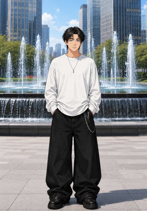 An anime-style illustration of a young man with black hair wearing a white long-sleeved shirt and baggy black pants, standing in front of a fountain in a city plaza.