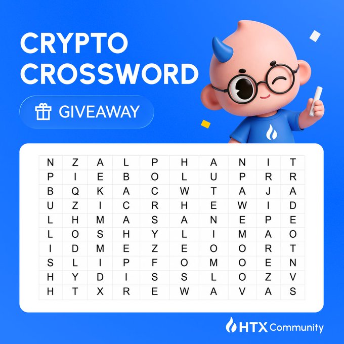 A blue promotional graphic for an HTX Community "Crypto Crossword Giveaway" features a cartoon mascot with glasses and a blue horn alongside a 12x12 letter grid filled with random letters. The giveaway offers $200 total split among 5 winners for participants who find 3+ crypto-related words hidden in the puzzle and follow the participation rules.