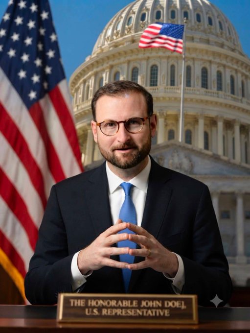 A man with glasses, beard, dark suit, and blue tie sits at a desk with a nameplate reading 'THE HONORABLE JOHN DOE J. U.S. REPRESENTATIVE', posed in front of the U.S. Capitol building and an American flag.
