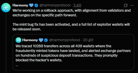 A screenshot of two tweets from the Harmony Protocol (@harmonyprotocol) account discussing a rollback approach and tracing 10288 transfers across 409 wallets to block hackers.