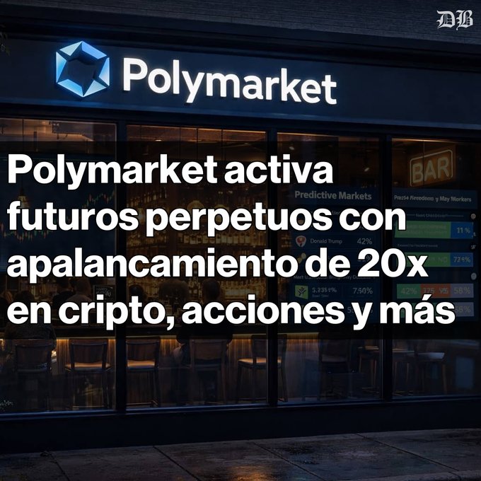 A storefront with a 'Polymarket' sign and Spanish text announcing 'Polymarket activa futuros perpetuos con apalancamiento de 20x en cripto, acciones y más.'