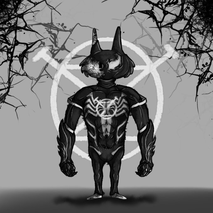 A digital illustration of a muscular anthropomorphic character with tall ears wearing a sleek black armored suit featuring a white spider emblem on the chest.