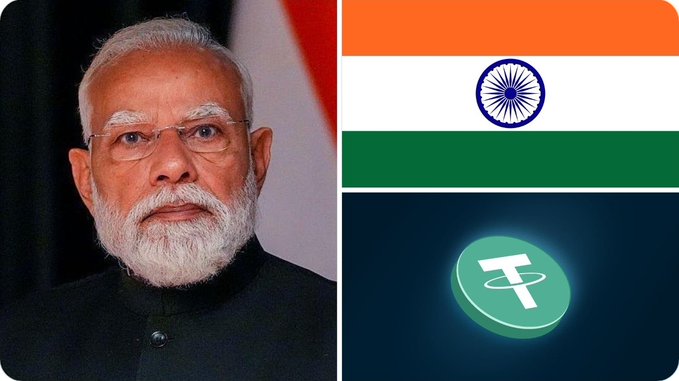 The image shows Indian Prime Minister Narendra Modi alongside the Indian flag and the Tether (USDT) cryptocurrency logo, visually tying the recent tightening of USDT supply and the surge in local stablecoin premiums above 8.5% to India's ongoing regulatory crackdown on crypto.