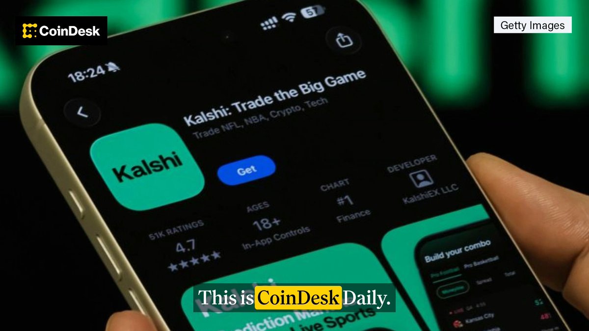 A hand holds a smartphone displaying the Kalshi app store page with its tagline "Trade the Big Game," 51K ratings, and 4.7 stars, alongside CoinDesk branding and "This is CoinDesk Daily" text overlay.

The image appears to be thematically unrelated to the post's content about Strategy (formerly MicroStrategy) accumulating $75.7M in Bitcoin and Avalon Labs building credit infrastructure for BTCFi.