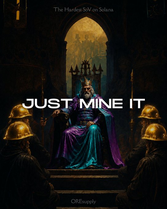 The image features a man dressed as a king, sitting atop a throne with gold armor and a crown. Behind him are three men wearing golden helmets, also dressed in similar regal attire. The text "Just Mine It" is written above the scene, suggesting that this image may be related to an advertisement or promotional material for a product or service.
