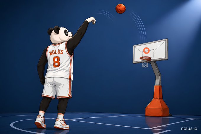 A panda mascot wearing a white basketball jersey with "NOLUS" and the number "8" shoots a ball into a hoop on a court, visually representing effortlessly "sinking" every trade on @NolusProtocol.