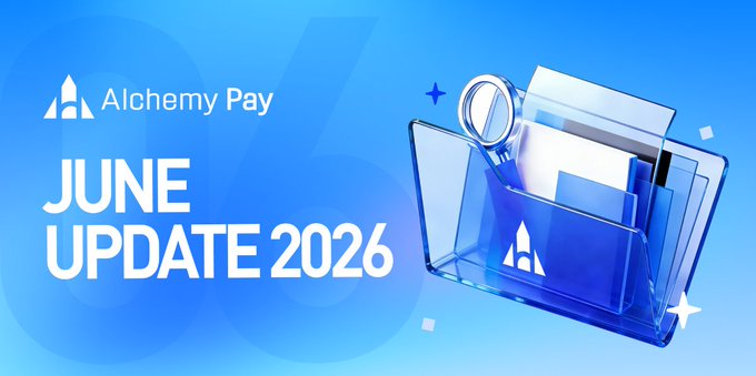 A blue promotional banner for "Alchemy Pay" announcing their "June Update 2026," featuring the company's logo and an illustration of credit cards alongside a magnifying glass. The graphic visually reinforces the accompanying post highlighting Alchemy Pay's latest news, including securing money transmitter licenses in Illinois and Maine and a collaboration with CROSS.