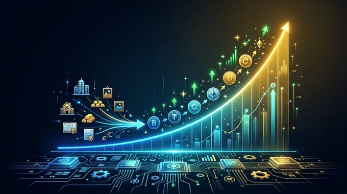 A digital illustration showing an upward-trending chart with cryptocurrency coins, real estate icons, and gold bars rising alongside a glowing arrow over a circuit board background.