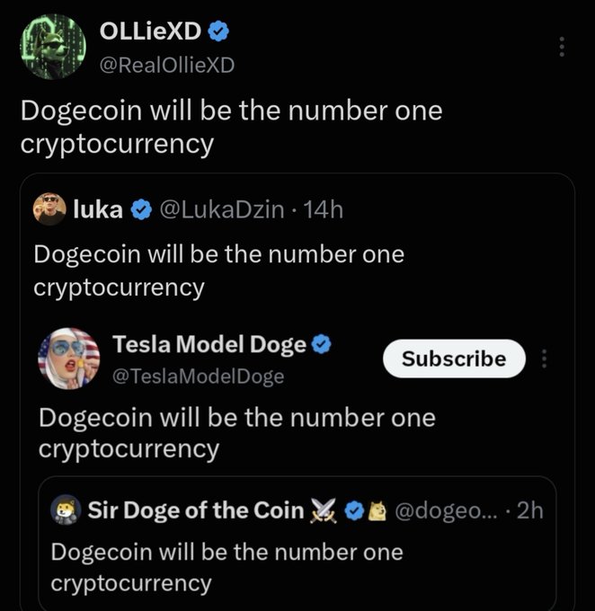 A tweet by OLLieXD (@RealOllieXD) saying "Dogecoin will be the number one cryptocurrency," quoting nested tweets from @LukaDzin, @TeslaModelDoge, and @dogeo... repeating the same message.