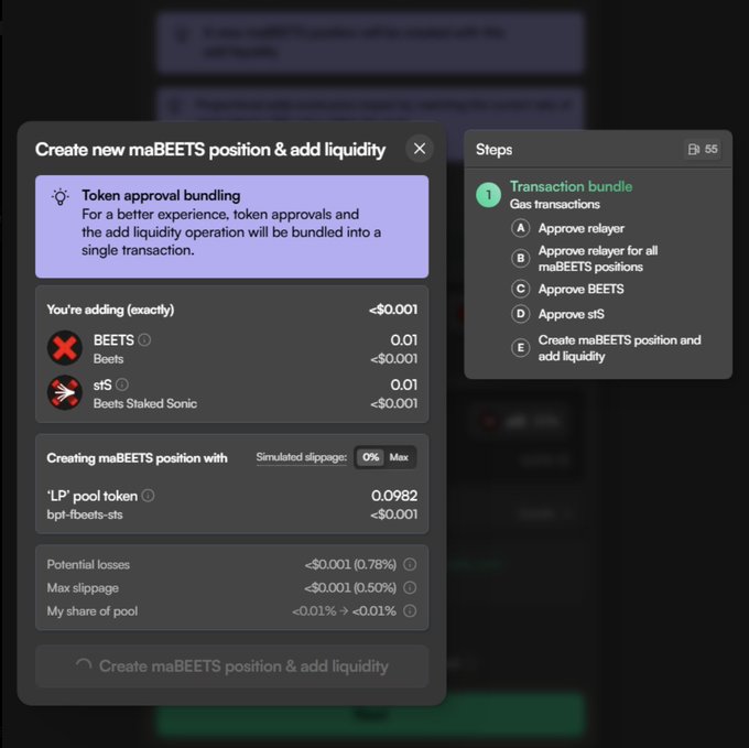 A dark-themed crypto interface titled 'Create new maBEETS position & add liquidity,' detailing steps for token approvals and gas transactions.