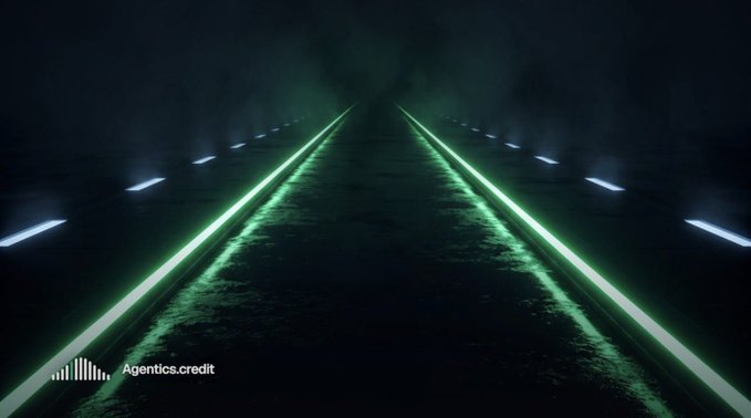 A dark, atmospheric scene showing a path or track illuminated by two glowing green lines converging into the distance, with a logo reading 'Agentics.credit' in the bottom left.
