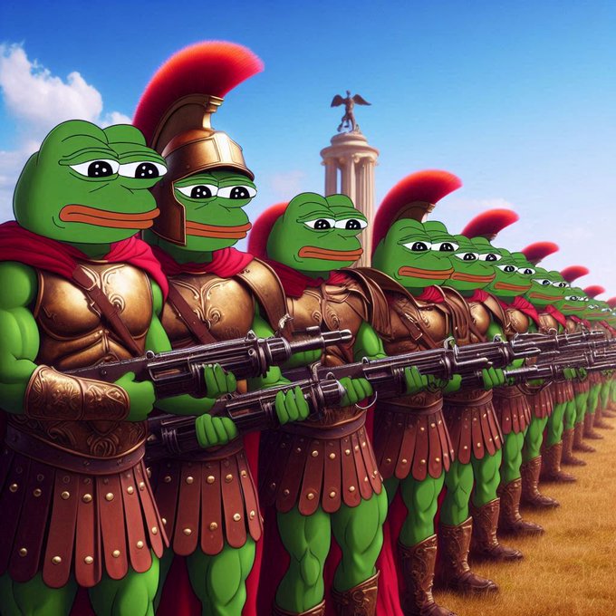 A digitally rendered image features a row of Pepe the Frog characters dressed as Spartan warriors with bronze armor, red capes, and plumed helmets, holding weapons in formation.