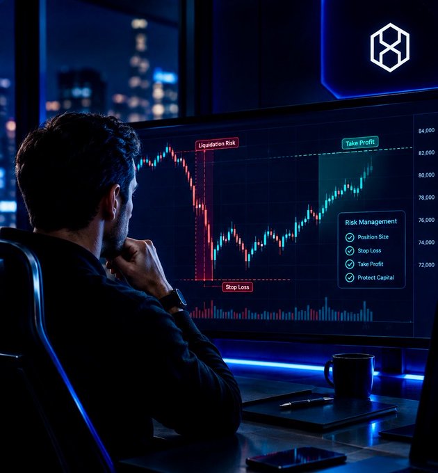 A man views a stock or crypto trading chart on a large screen at night, with annotations showing 'Liquidation Risk', 'Stop Loss', 'Take Profit', and a 'Risk Management' checklist including Position Size, Stop Loss, Take Profit, and Protect Capital.
