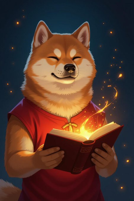 A digital illustration of an anthropomorphic Shiba Inu dog with a content smile, wearing a red robe and holding an open book that emits magical golden light against a starry night background.