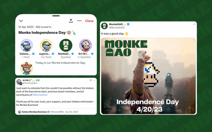 Social media promotional graphics for MonkeDAO celebrating 'Independence Day 4/20/23,' featuring a Twitter Spaces announcement from April 21, 2023 about 'Monke Independence Day' with 562 listeners, and a tweet from @MonkeDAO showing pixel art monkey imagery.