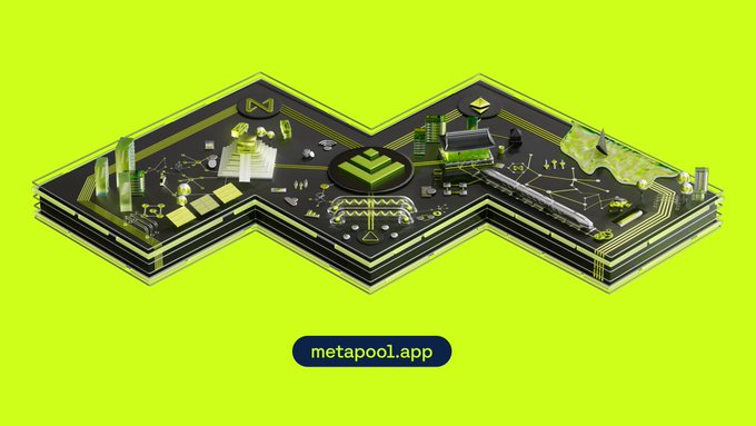 The image features a 3D rendering of a complex circuit board with various components, including a green square, yellow triangle, black square, and other shapes. The circuit board appears to be made up of different parts that are interconnected, possibly representing a technological device or system. The image also includes text elements such as the words "meta_pool" and "NEARProtocol", which may provide additional context about the content of the image.