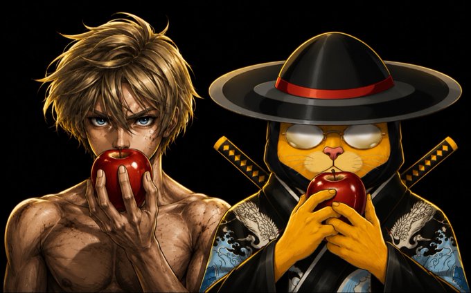 iced apple and sword-wielding cat characters, dressed in black and white, stand against a black background.
