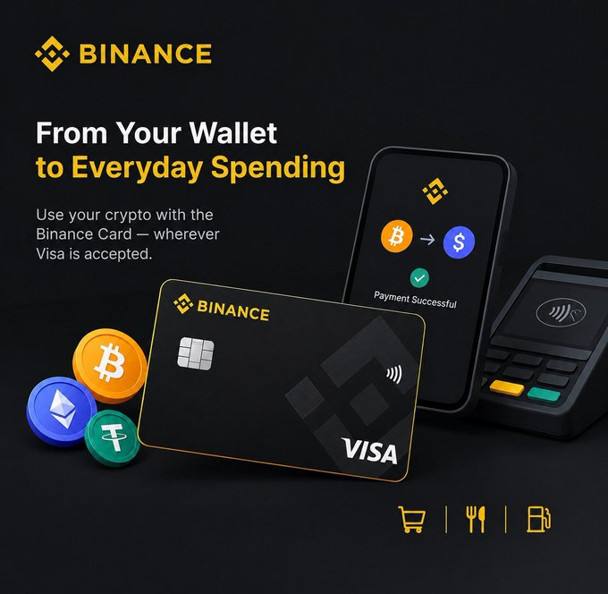 The image is a Binance advertisement featuring a black Binance Visa card, a smartphone displaying a "Payment Successful" screen with Bitcoin and dollar icons, and a contactless payment terminal, alongside Bitcoin, Ethereum, and Tether coins. It ties to the post by illustrating how the Binance Card bridges the gap between holding crypto in a wallet and using it for everyday purchases like shopping, dining, and fuel—making digital assets practical for real-world spending wherever Visa is accepted.