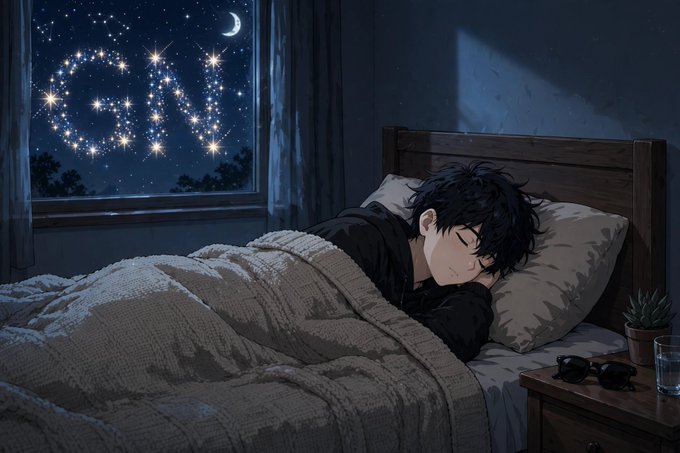 Anime-style illustration of a young man with dark hair sleeping peacefully in bed at night, with a window showing a starry sky forming the word 'SLEEP'.
