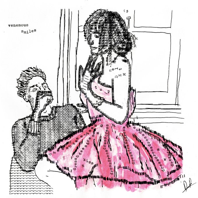 A black-and-white ink sketch with pink watercolor shows a mustached man smoking a pipe and gazing up at a woman in a pink dress, with the title "venemous smiles" (sic) and the dress filled with text reading "dressed to impress" and "dressee dressee" repeated in the fabric. The post's reference to "nailing the bottom before anyone was bullish" plays on the literal image of the man's focus on the woman's lower half—the dress—cleverly tying a trading term ("bottom") to the artwork's visual emphasis on her skirt.