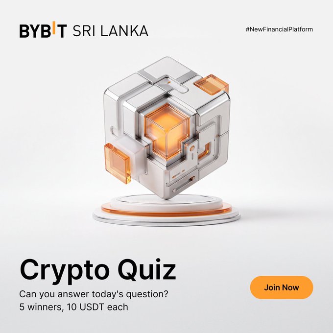 A Bybit Sri Lanka “Crypto Quiz” promo featuring a futuristic 3D crypto cube, inviting users to answer: “Do you think AI trading will become more popular than manual trading?” The ad says “5 winners, 10 USDT each,” includes a “Join Now” button, and references the total “Win 50$ USDT” prize.